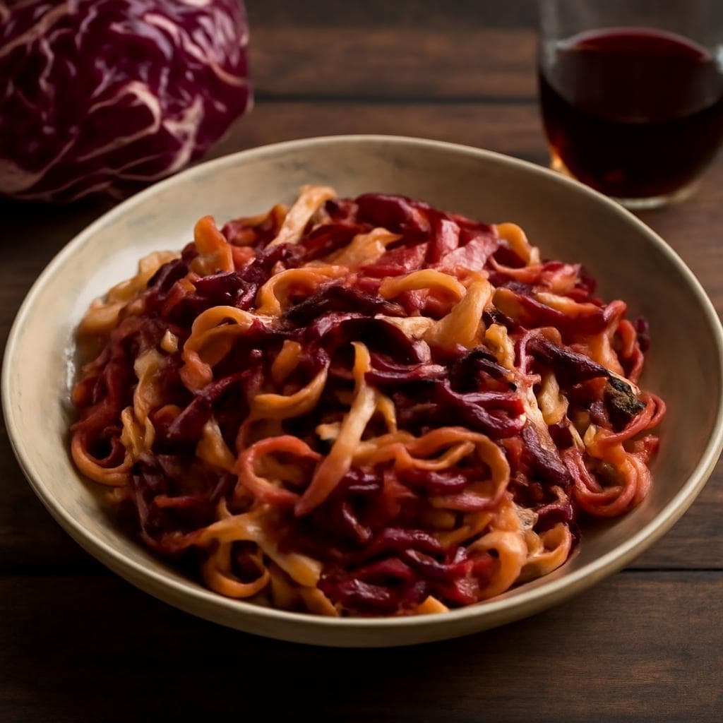 Illustrazione storica: Fettuccine al radicchio e speck